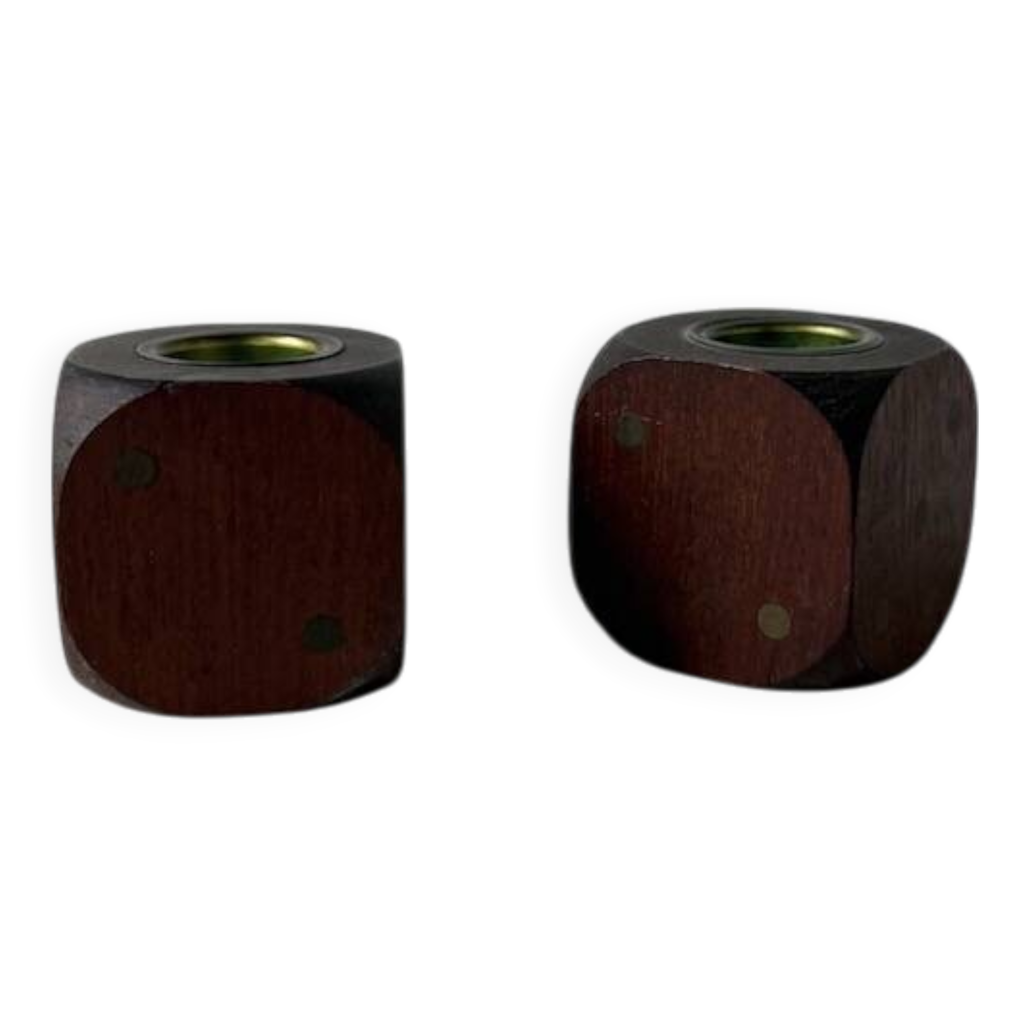 Pair of 1960s teak and brass "dice" candlesticks