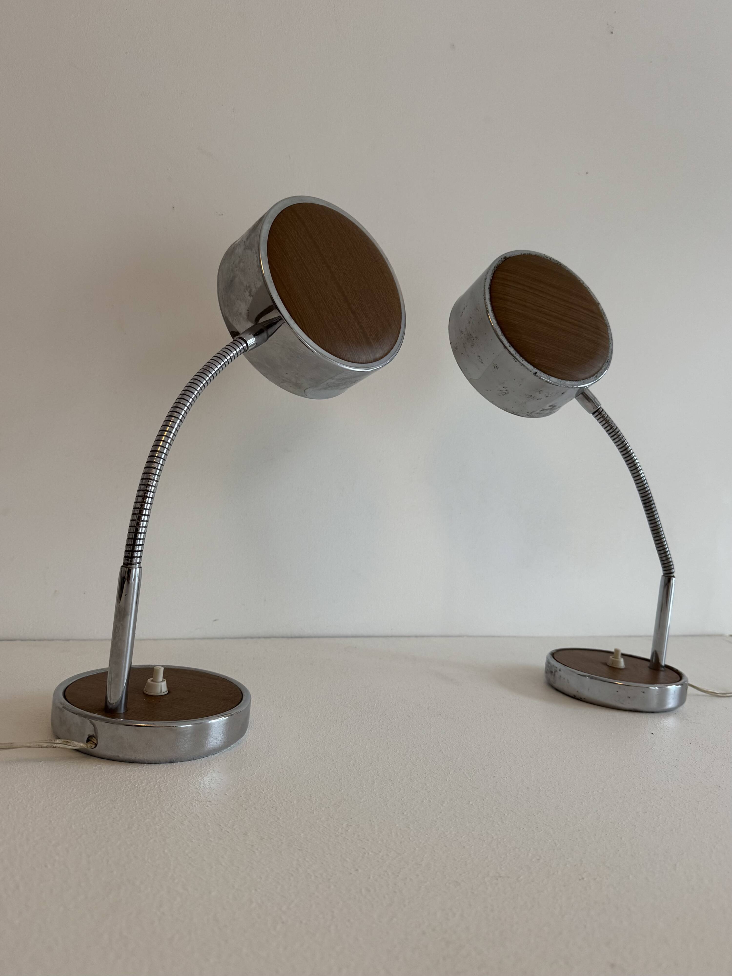 Pair of adjustable vintage table lamps, chrome metal and wood, France.