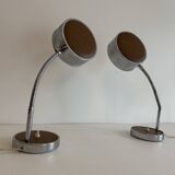 Pair of adjustable vintage table lamps, chrome metal and wood, France.