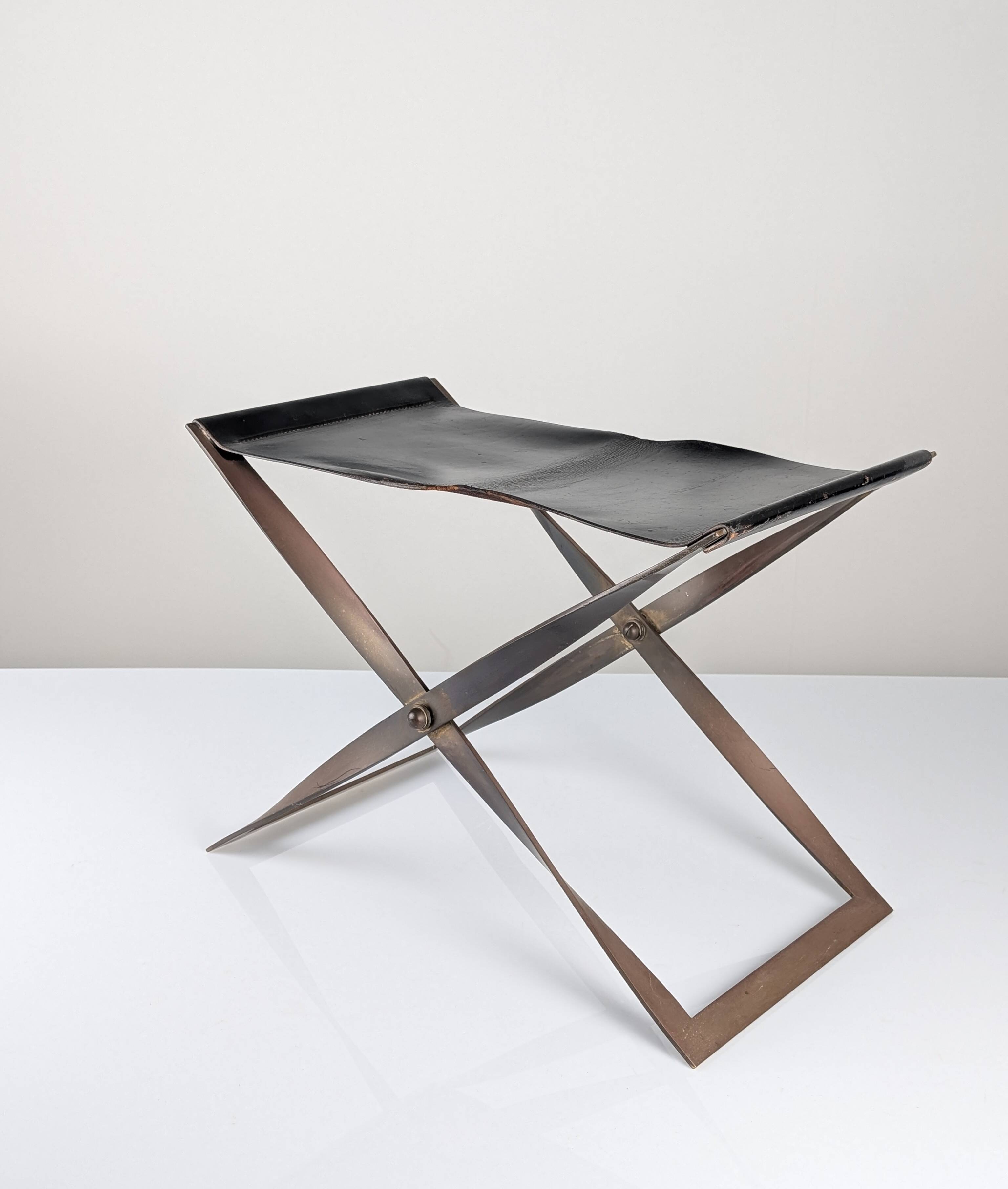Folding Steel and Leather Stool, Denmark 1960s