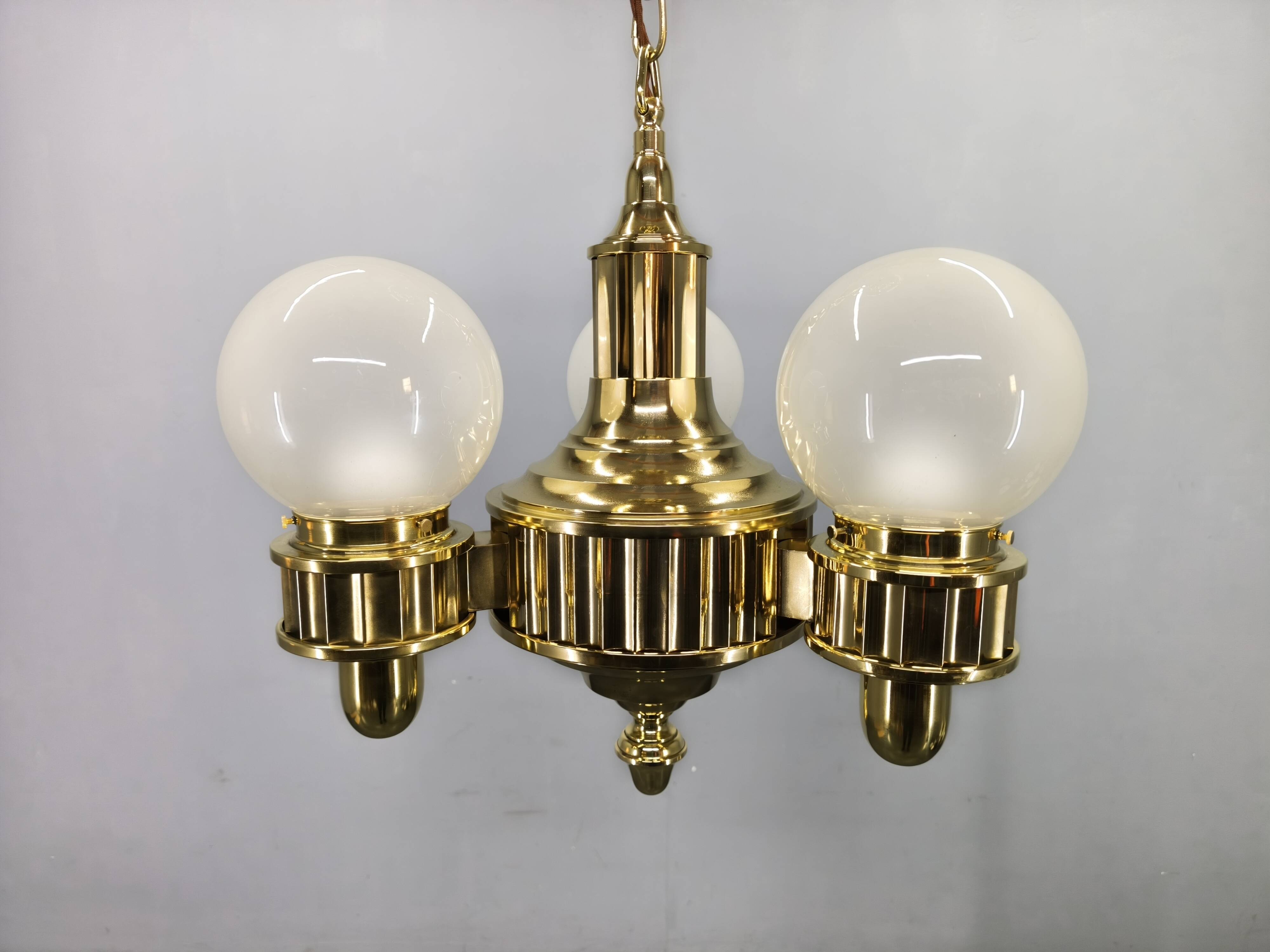 Art Deco Brass and Opaline Glass Chandelier, Czechoslovakia