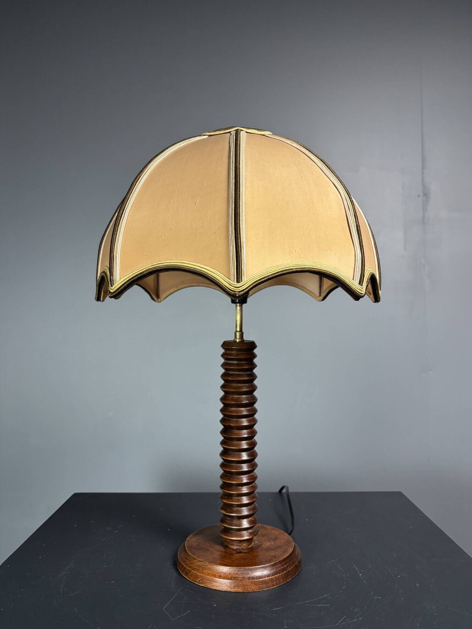 Midcentury brutalist wood turned mushroom table lamp, Charles Dudouyt style