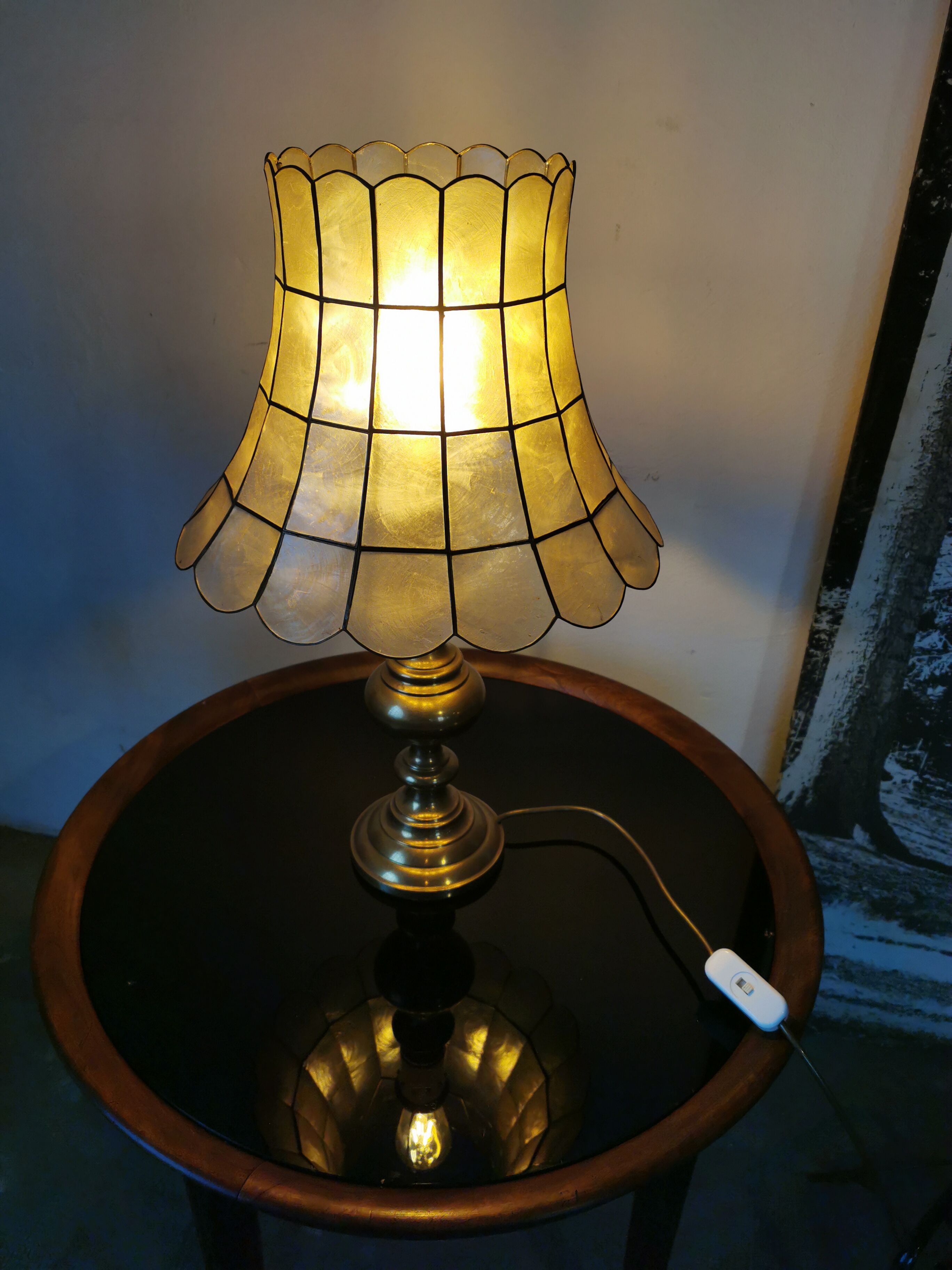 Brass lamp and mother-of-pearl lampshade circa 1970/80
