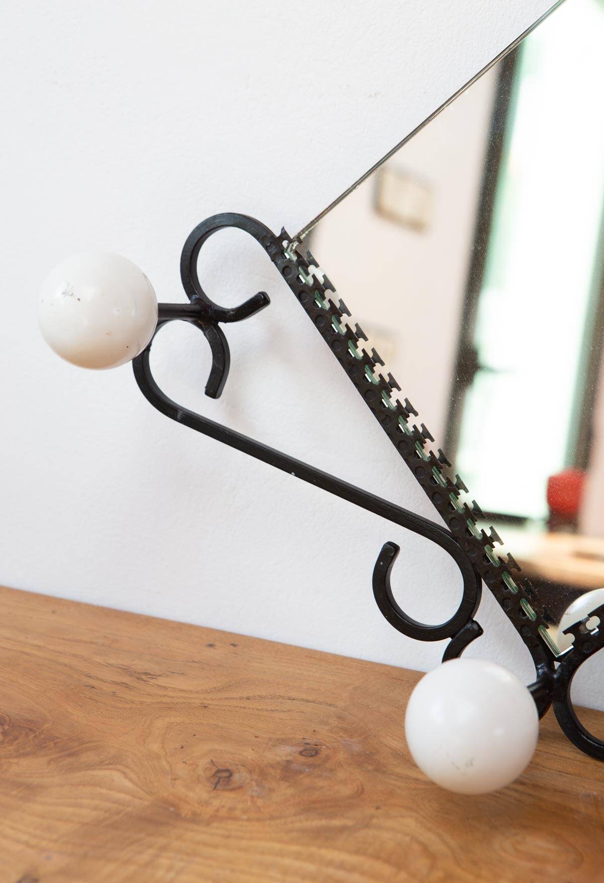 Small French wrought iron coat rack with mirror c. 1950