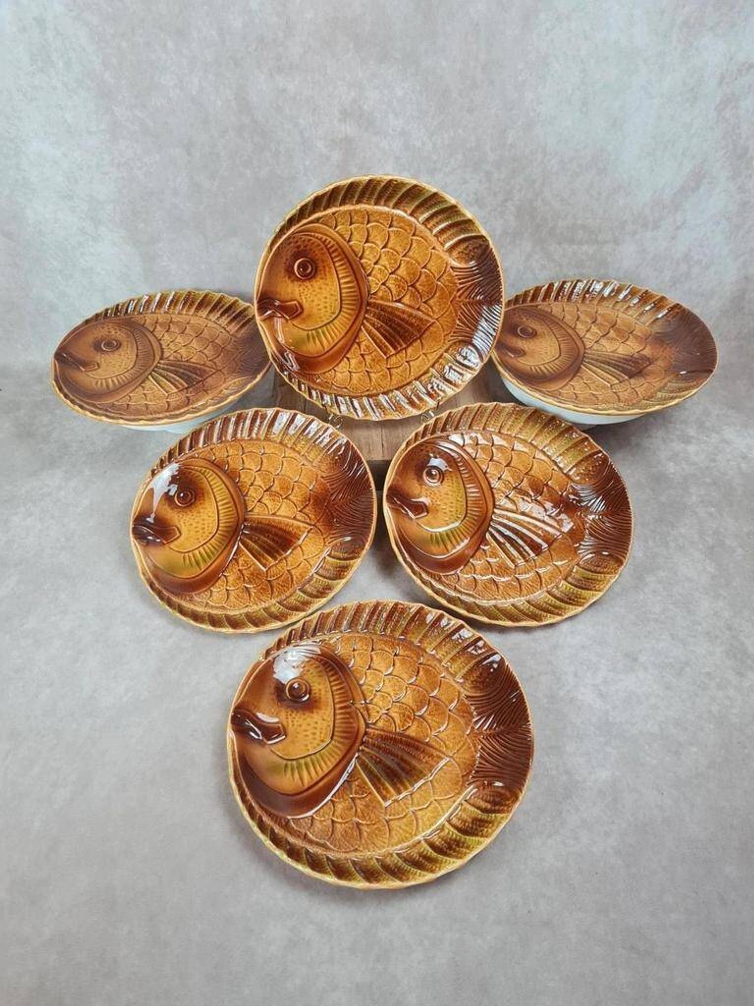 Set of 6 large fish plates Sarreguemines vintage