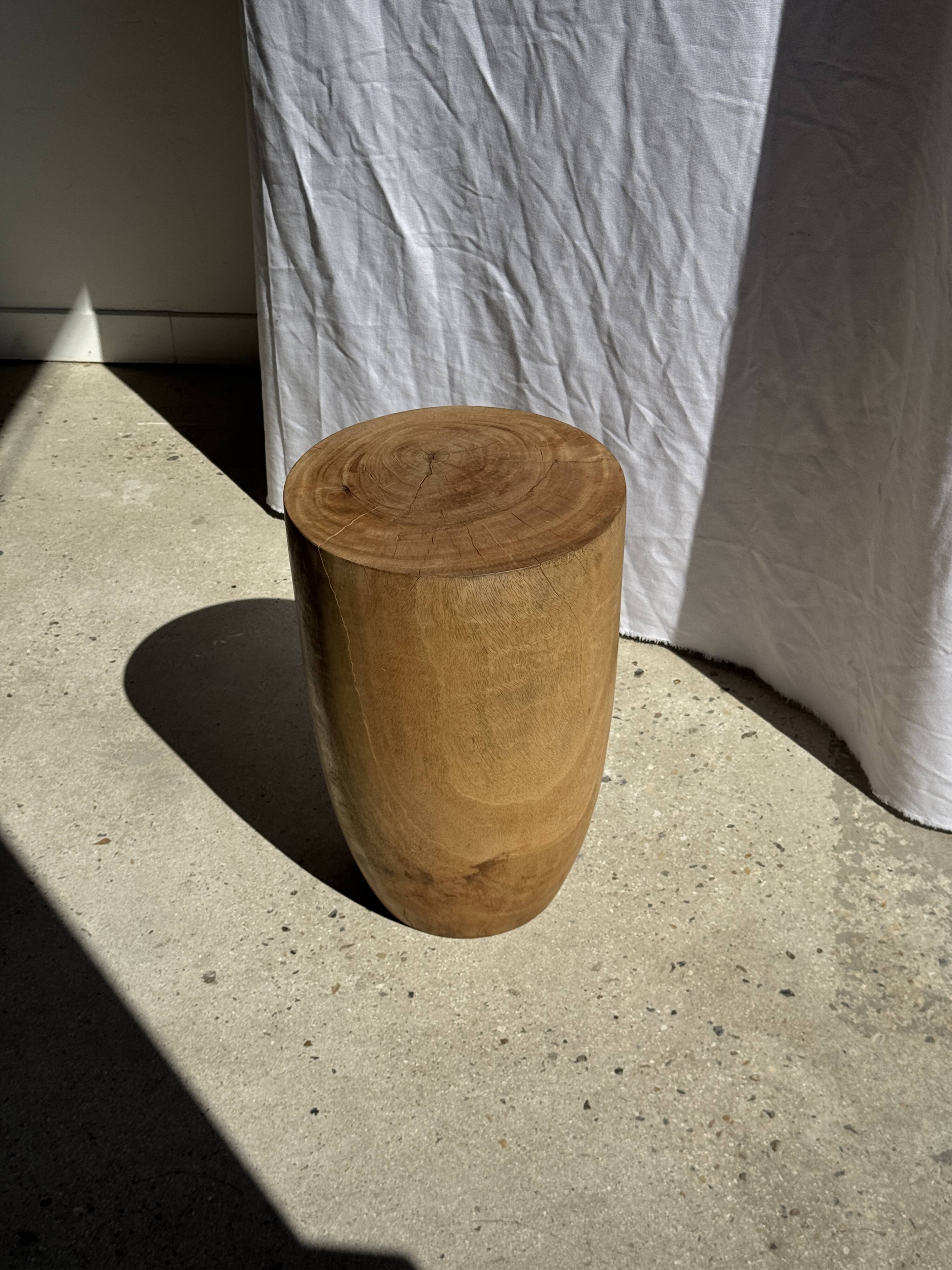 Stool, side table, cylindrical solid mango wood end table.