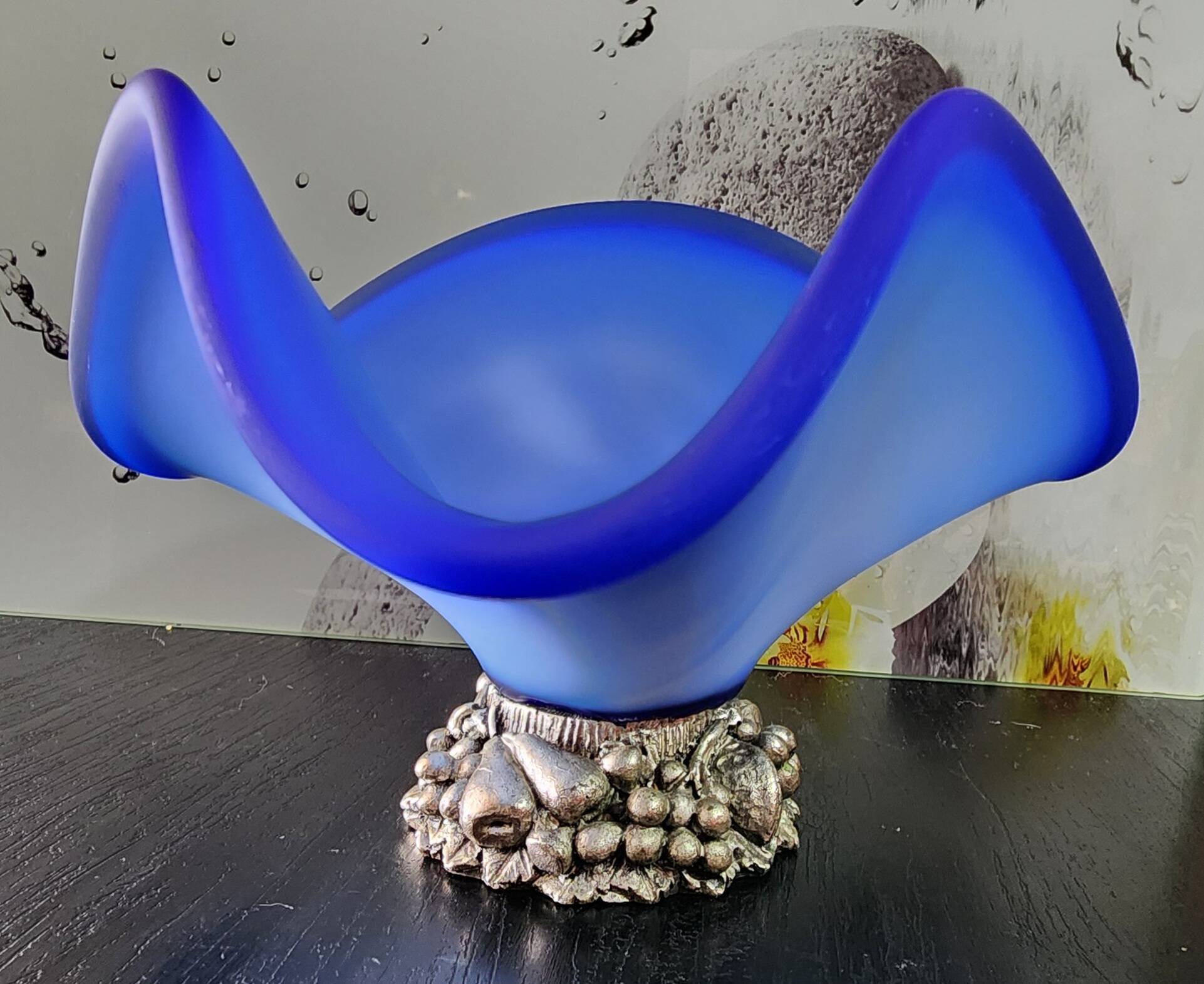 Coupe, centre de table vintage en verre de Murano bleu