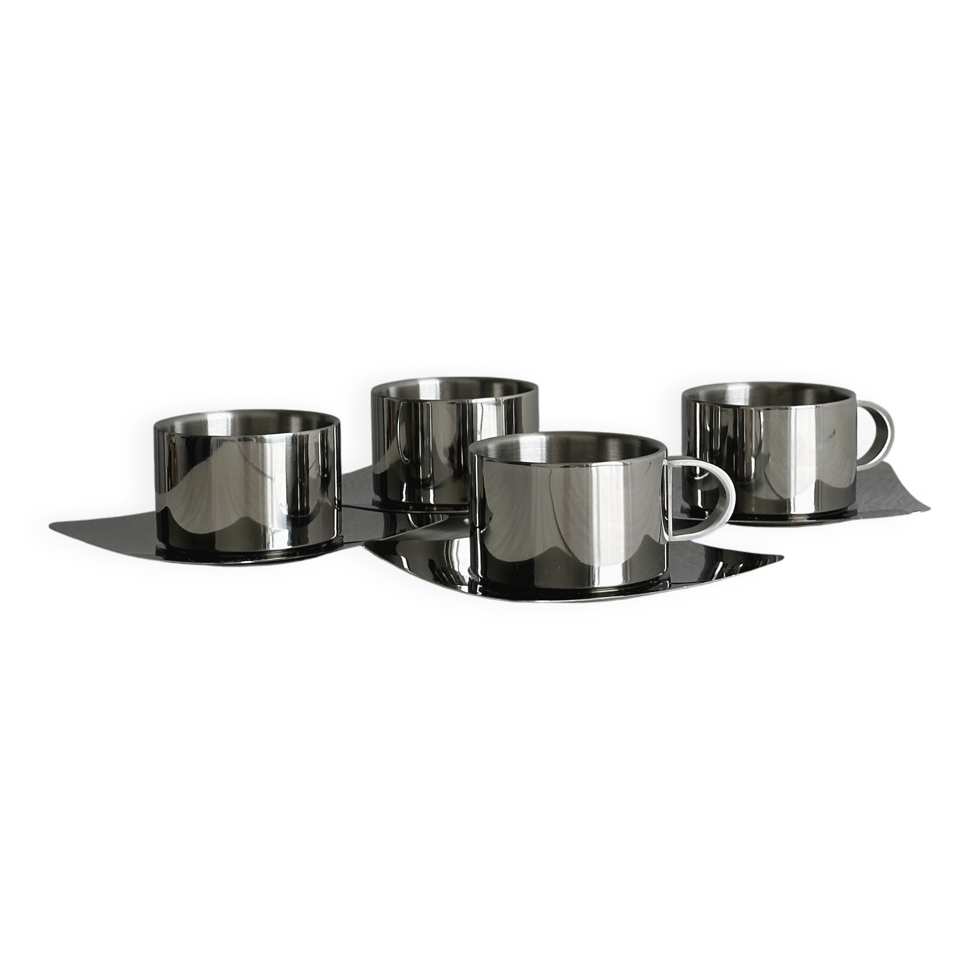 set of 4 stackable stainless steel coffee cups with saucers
