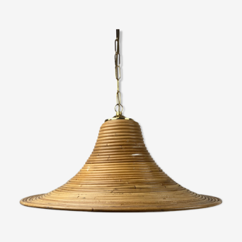 Pencil split reed rattan bamboo and brass pendant lamp, 1970s