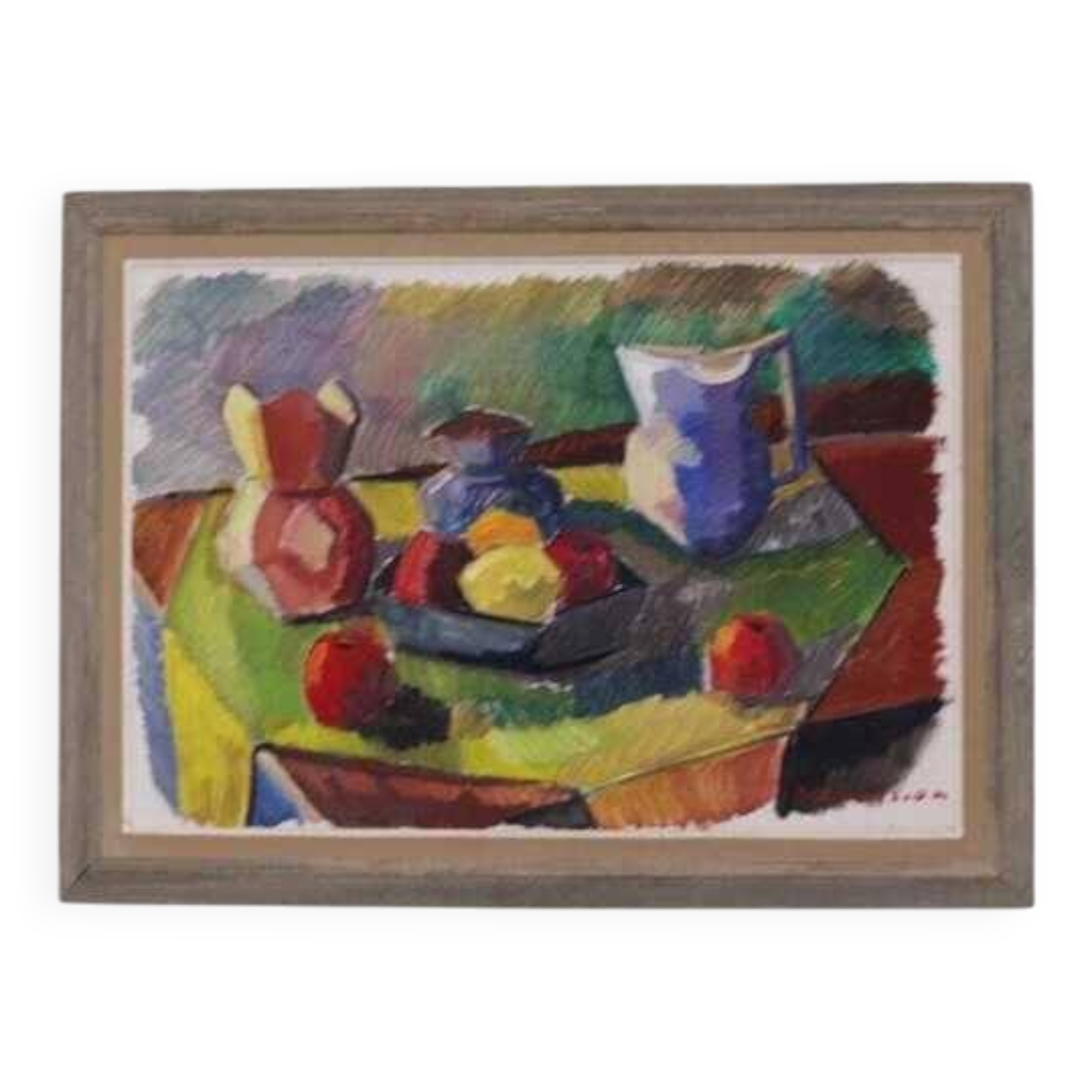 Original mid-century Swedish oil on canvas – “Kubisk Jug and Fruit” by Bror Göransson – vintage & framed – 75 × 58 cm (29.5" × 22.8")