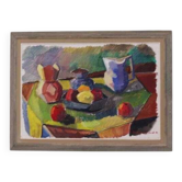 Huile sur toile suédoise d'époque mi-siècle – « Kubisk Jug and Fruit » par Bror Göransson – vintage et encadrée – 75 × 58 cm (29,5" × 22,8")