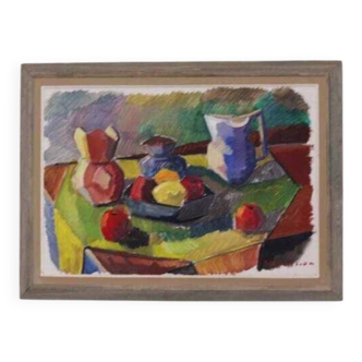 Original mid-century Swedish oil on canvas – “Kubisk Jug and Fruit” by Bror Göransson – vintage & framed – 75 × 58 cm (29.5" × 22.8")