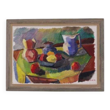 Huile sur toile suédoise d'époque mi-siècle – « Kubisk Jug and Fruit » par Bror Göransson – vintage et encadrée – 75 × 58 cm (29,5" × 22,8")