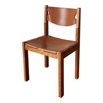 Elm and leather chair, Maison Regain, 1970/80