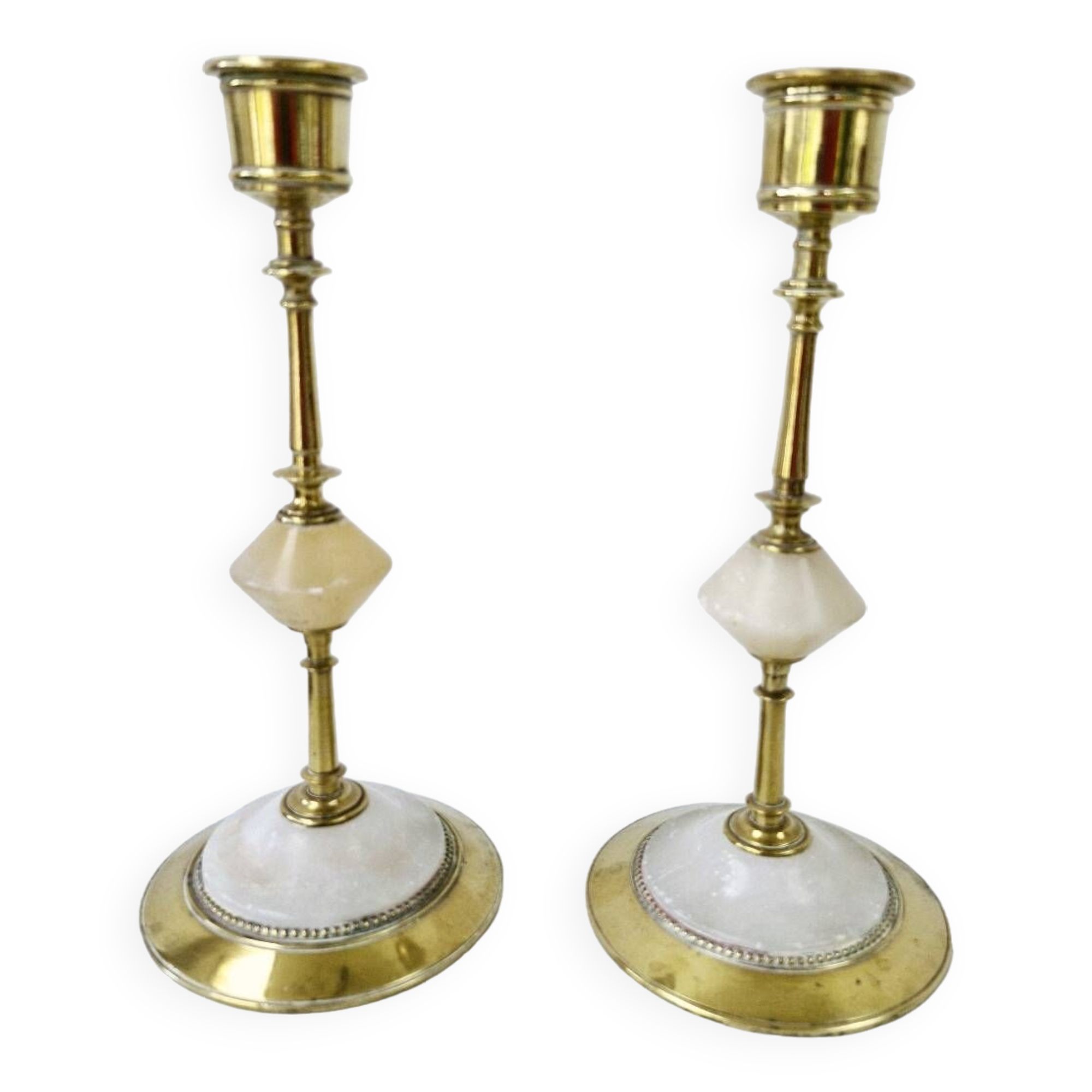 Pair Of Antique Candlesticks In Brass And Alabaster