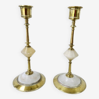 Pair Of Antique Candlesticks In Brass And Alabaster