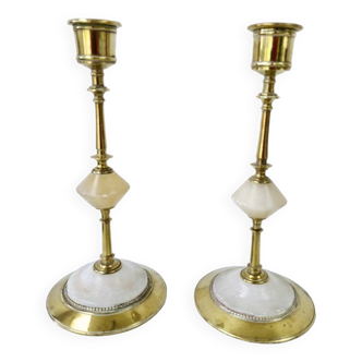 Pair Of Antique Candlesticks In Brass And Alabaster