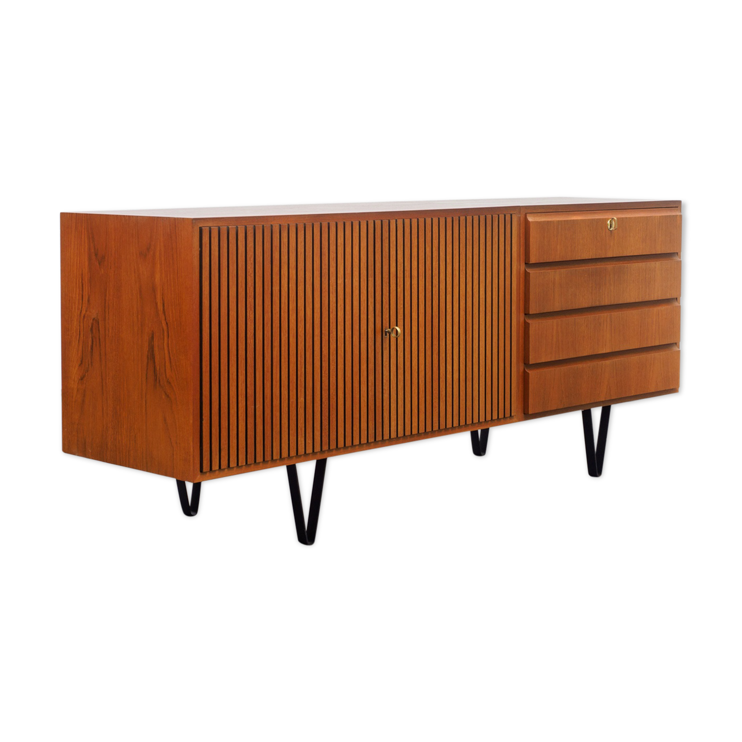 Sideboard 60 years, teak, metal legs, doors striated