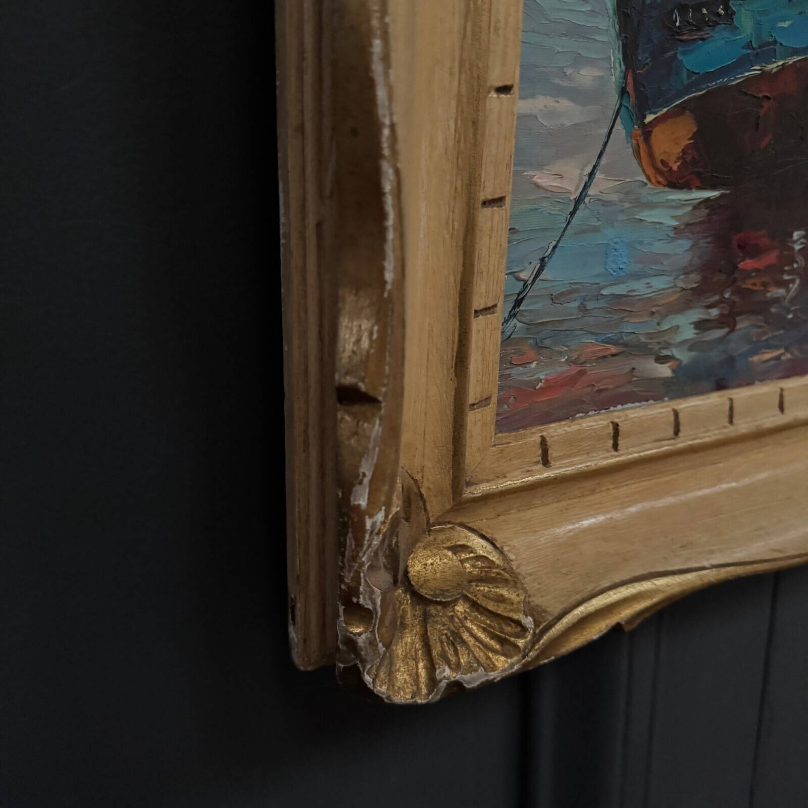 Oil on canvas fishing boats 1950 by Y. Morin