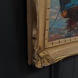 Oil on canvas fishing boats 1950 by Y. Morin