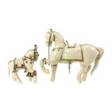 Pair of Decorative Wooden Horses Covered with Bone Mosaic Silver Plated
