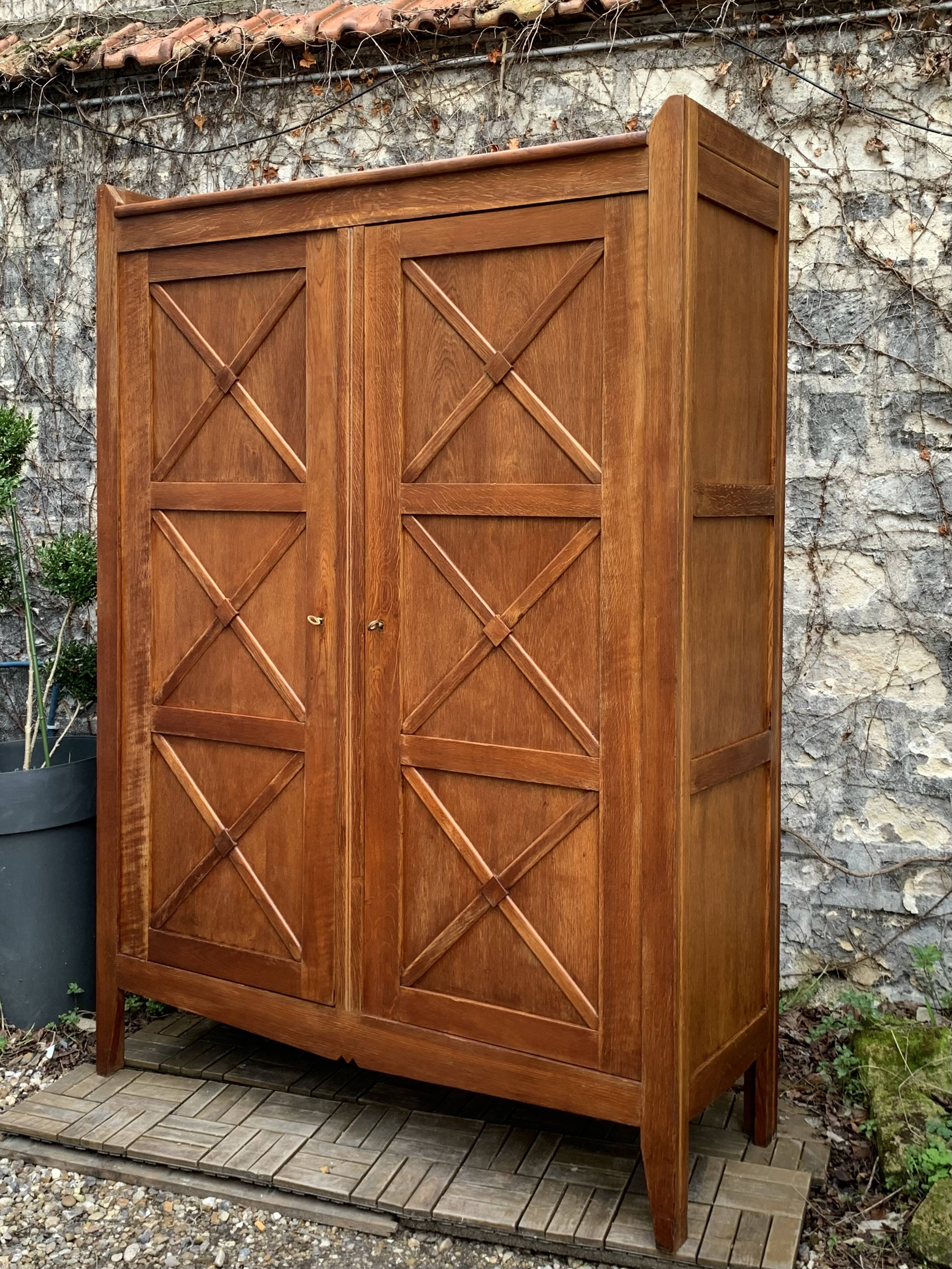 Vintage solid oak cross-braced wardrobe 1940