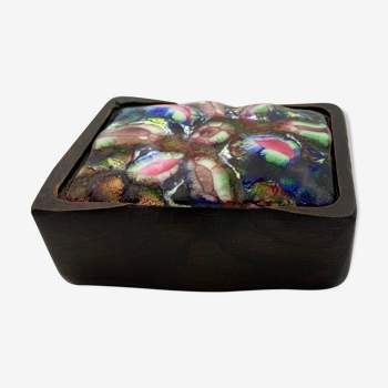 Vintage box, wooden jewelry box and enamels on copper CAPO ESMALTES - 1960s