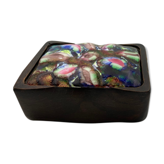 Vintage box, wooden jewelry box and enamels on copper CAPO ESMALTES - 1960s