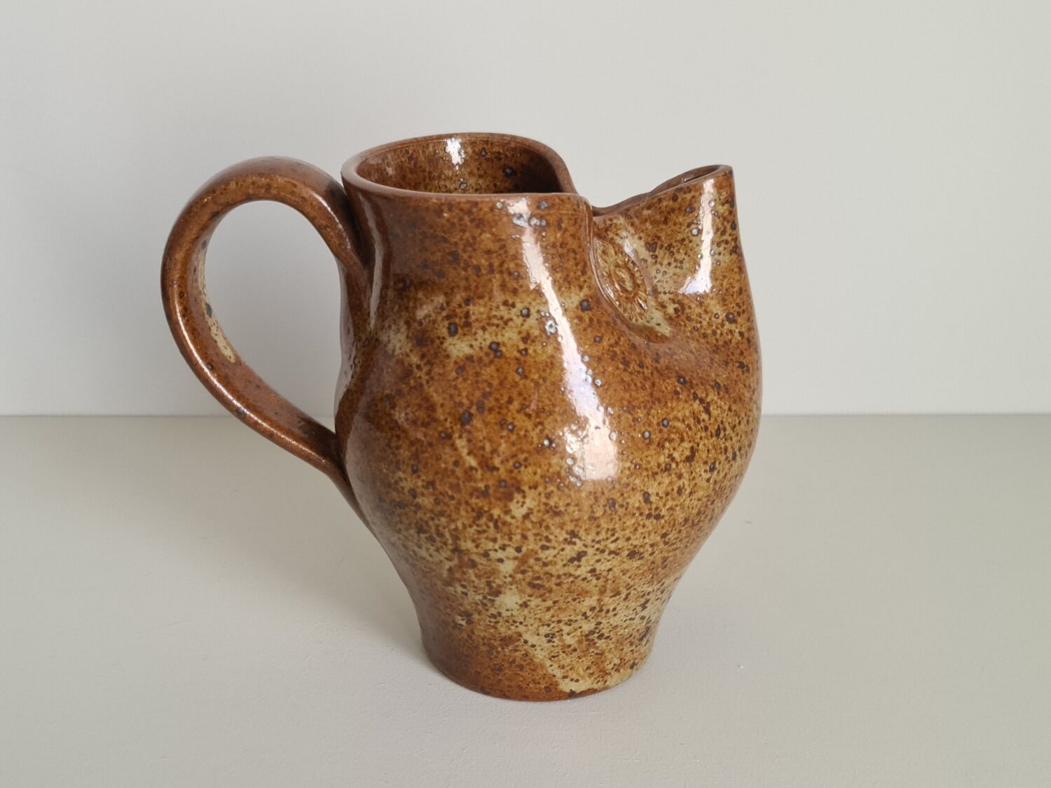 Zoomorphic pitcher owl or owl in pyrite stoneware / collection / ceramics / vintage / France / 50s / mid-century / twentieth century