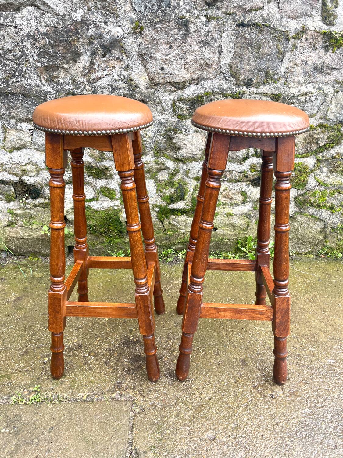 Pair of studded leather bar stools