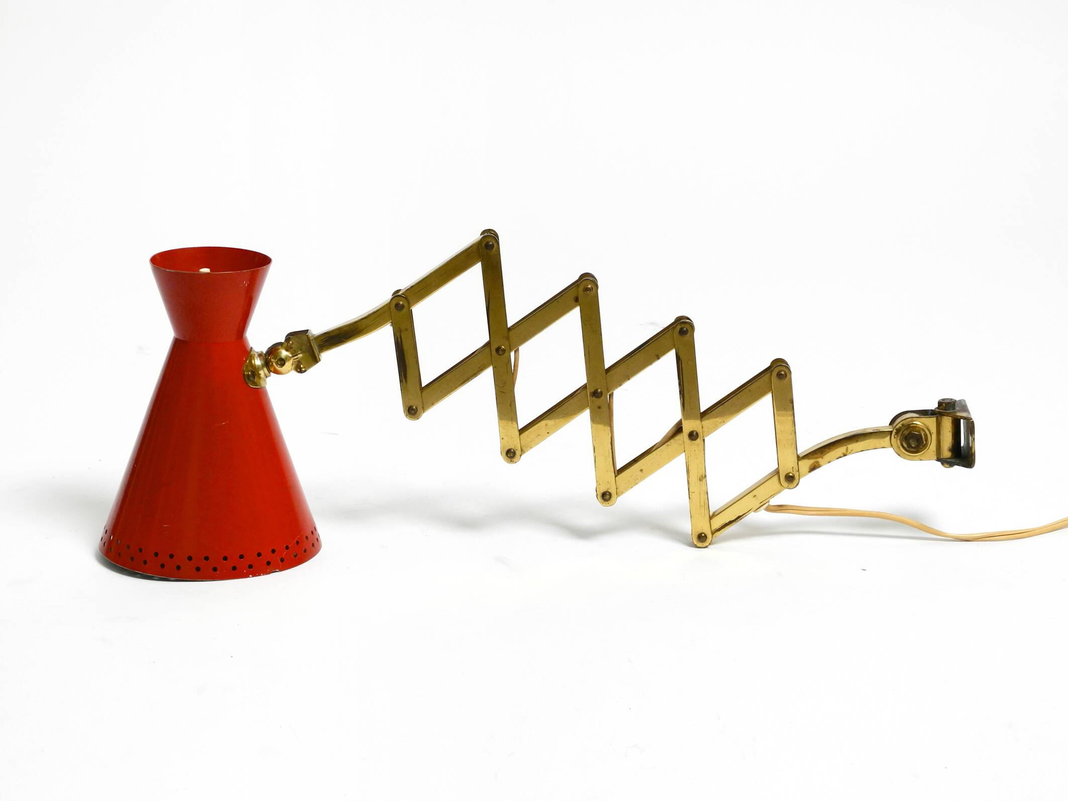 1950s brass extendable scissor wall lamp with aluminum diabolo shade in red