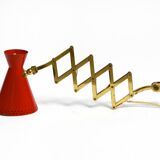 1950s brass extendable scissor wall lamp with aluminum diabolo shade in red