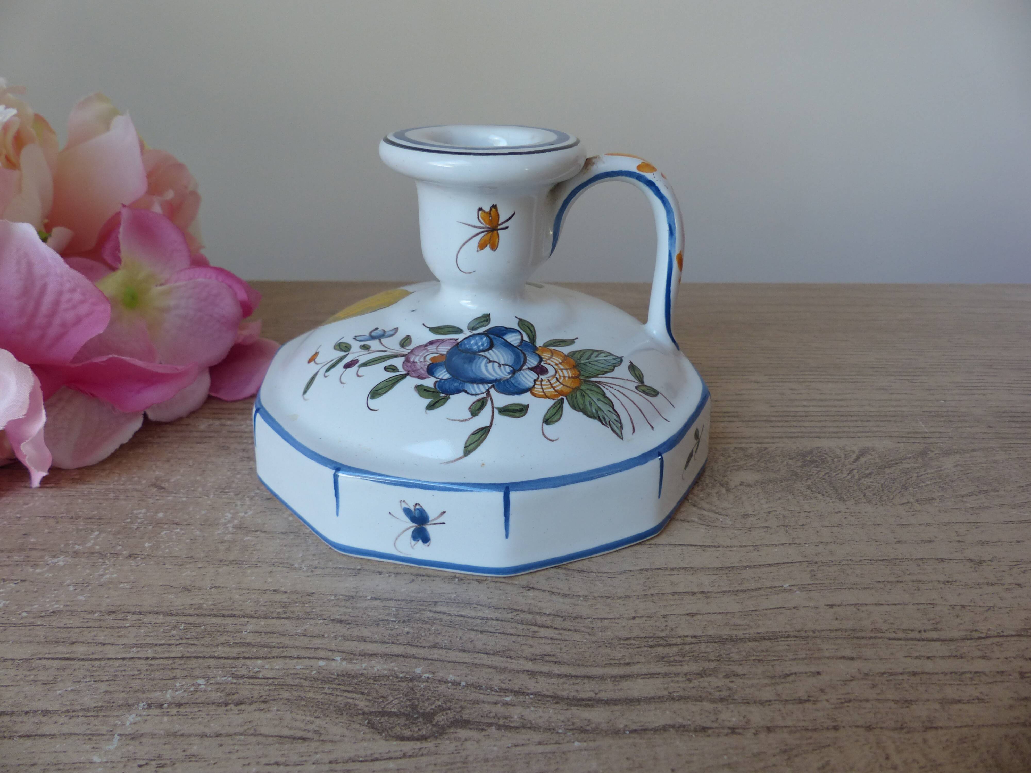 Malicorne earthenware candle holder by Emile Tessier with floral decoration