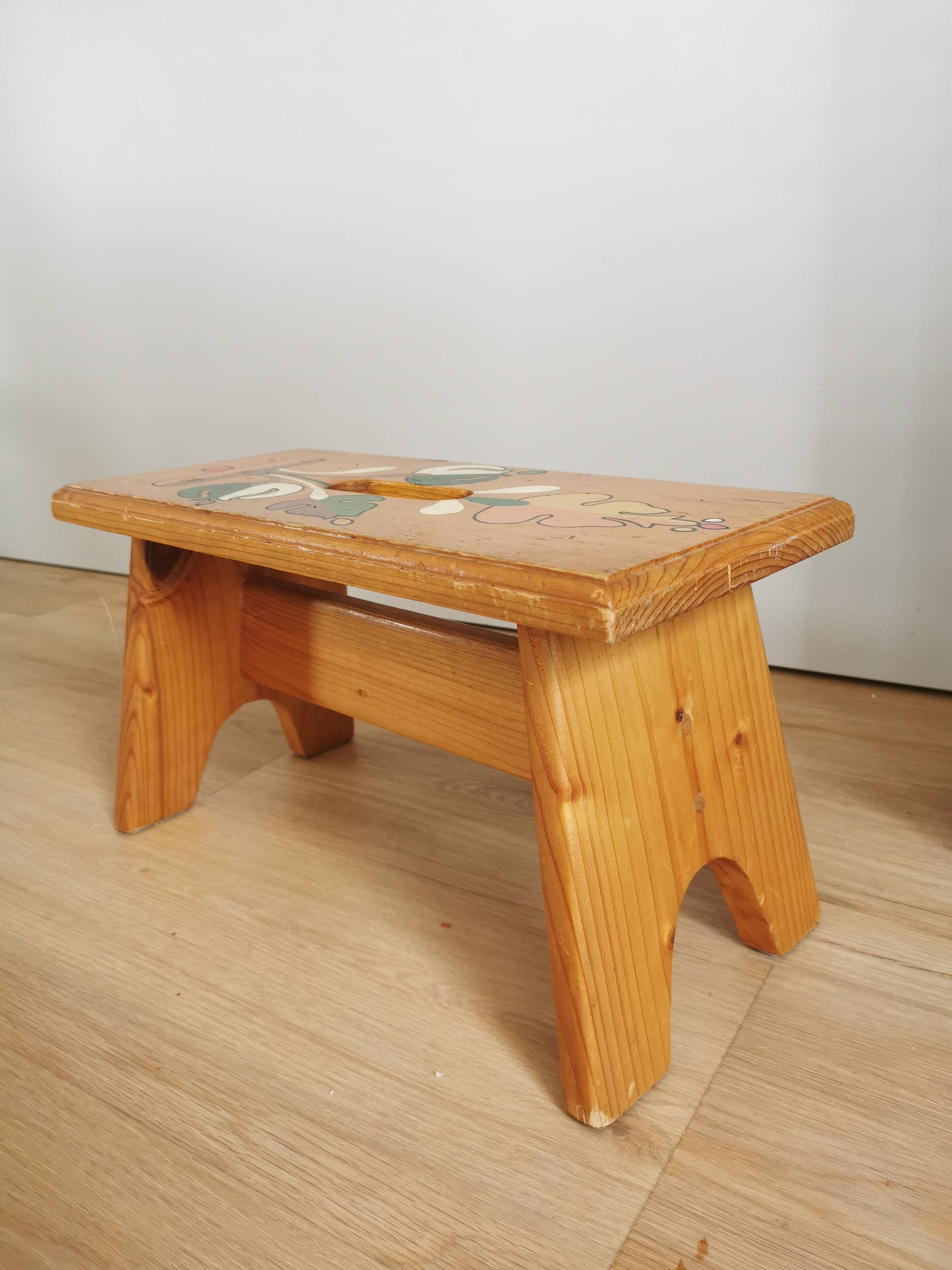 Vintage Hand-Painted Wooden Footstool: Yugoslavian Folk Art Decor