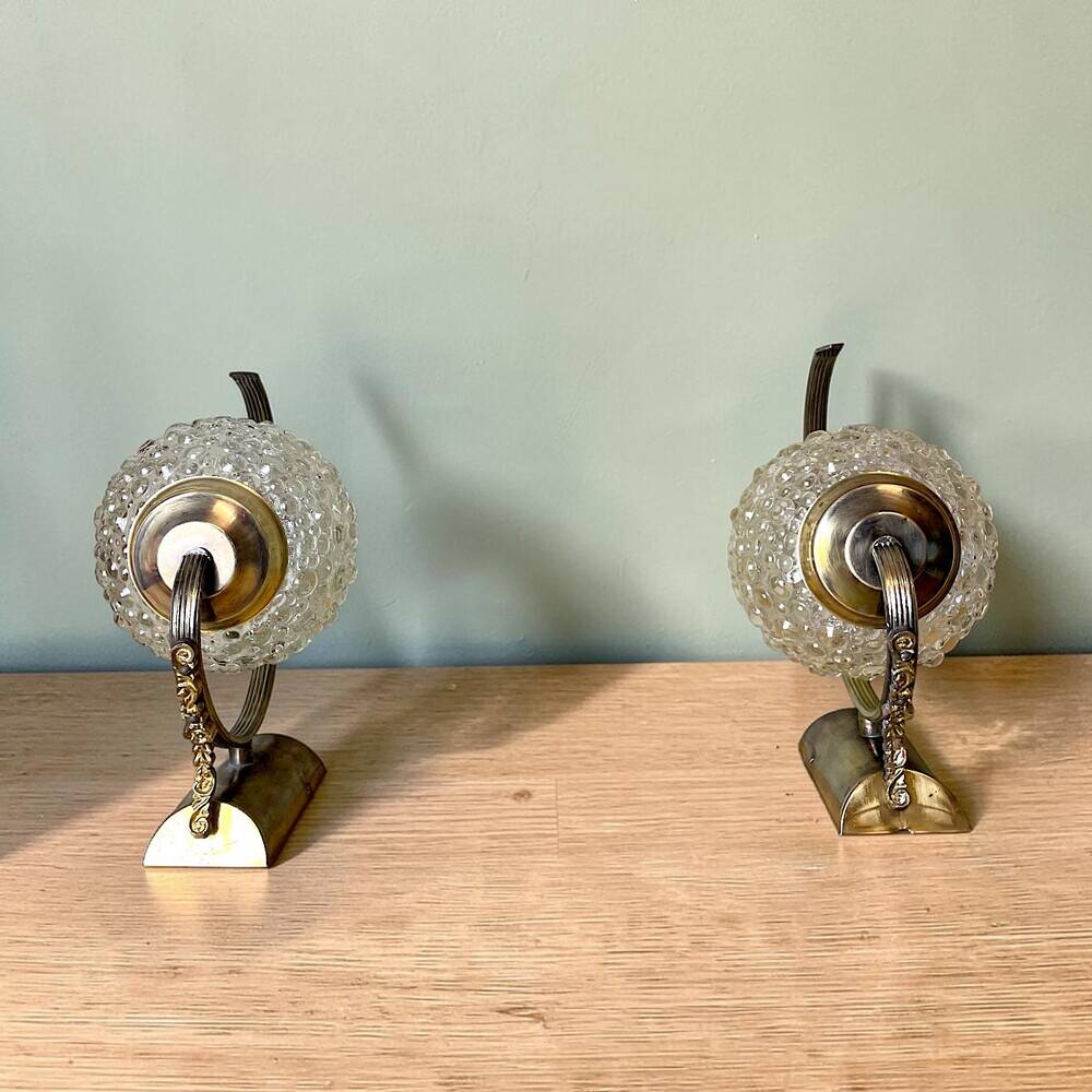 Pair of 1970s brass and glass wall sconces