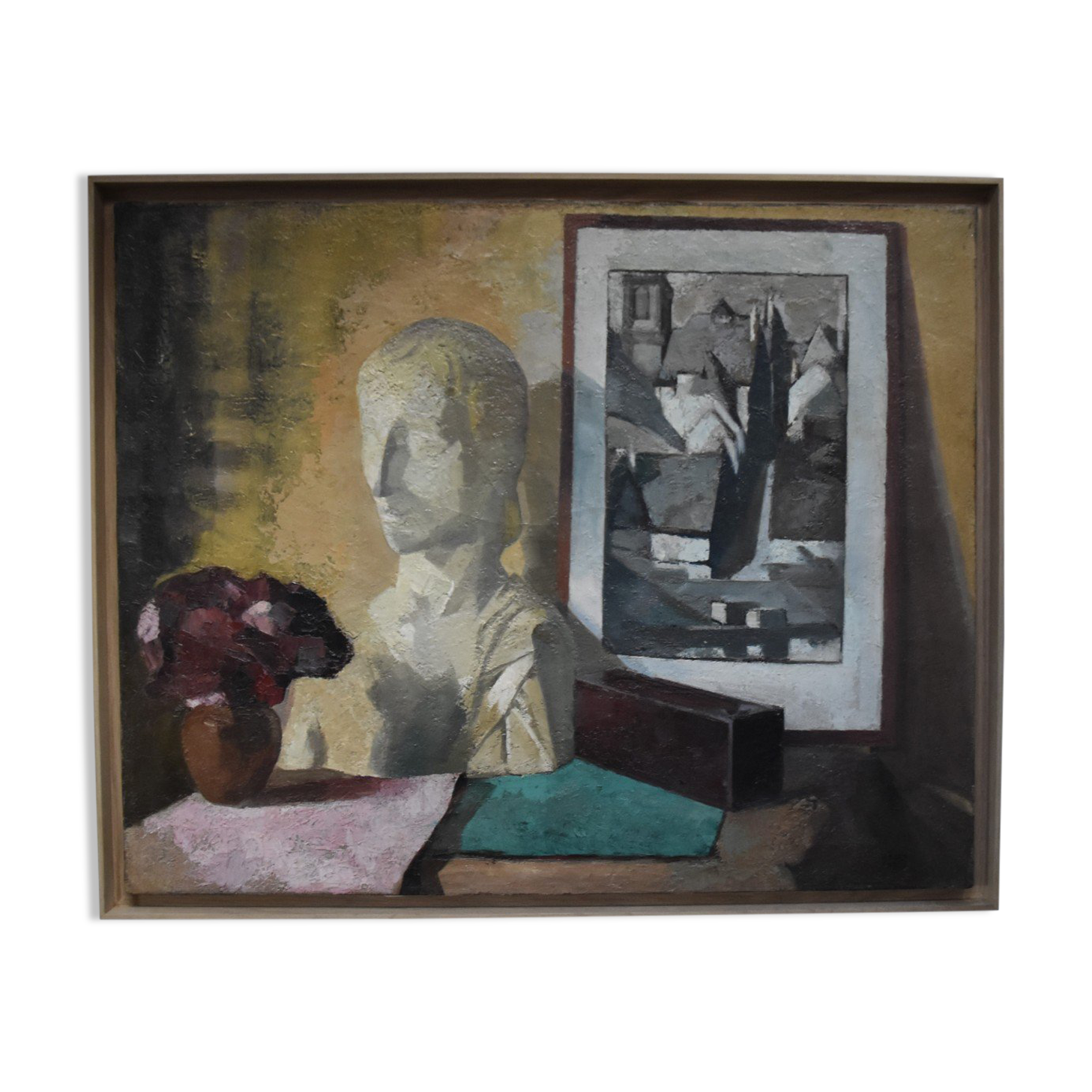 Roger Cortet (1910-1978) Still Life with White Sculpture Oil on Canvas Signed