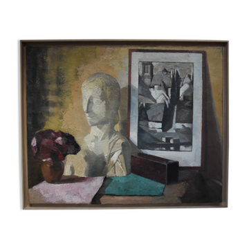 Roger Cortet (1910-1978) Still Life with White Sculpture Oil on Canvas Signed