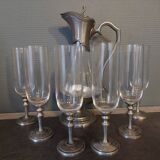 Carafe service 6 crystal and pewter flutes