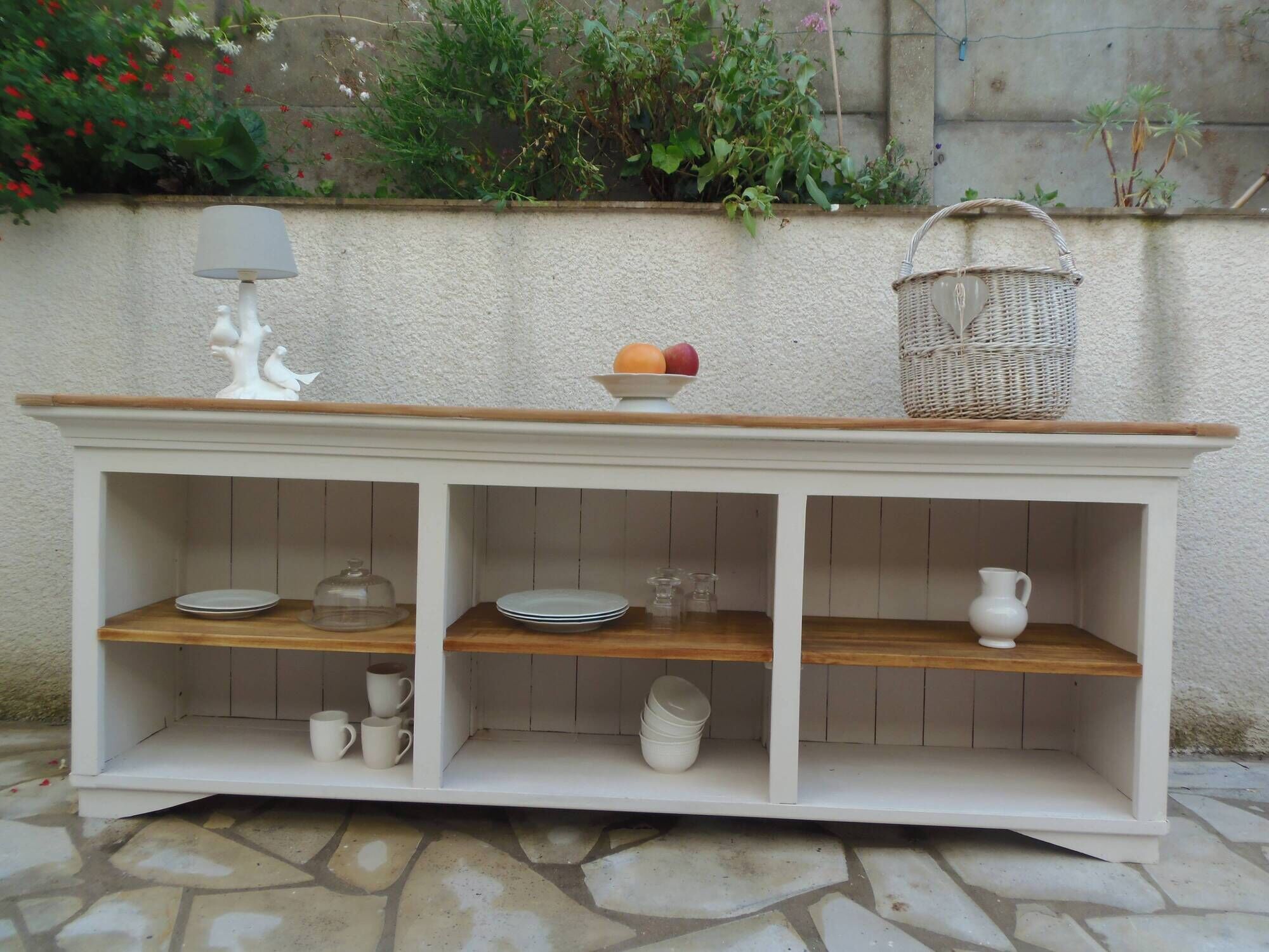 Craft furniture enhanced in pearl gray, shelves and top in raw wood.