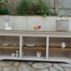 Craft furniture enhanced in pearl gray, shelves and top in raw wood.