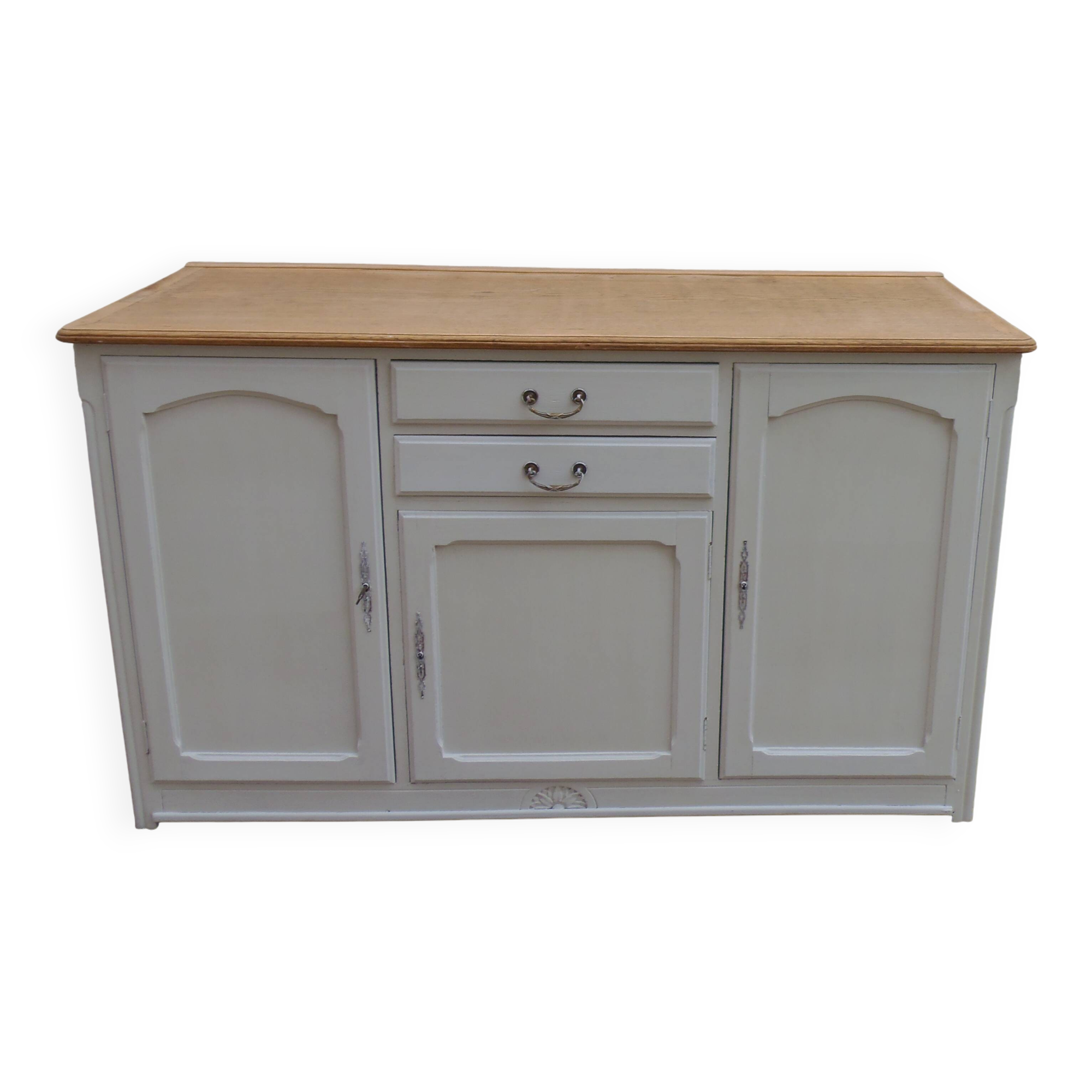 Vintage sideboard in pearl grey patinated oak, wooden top.
