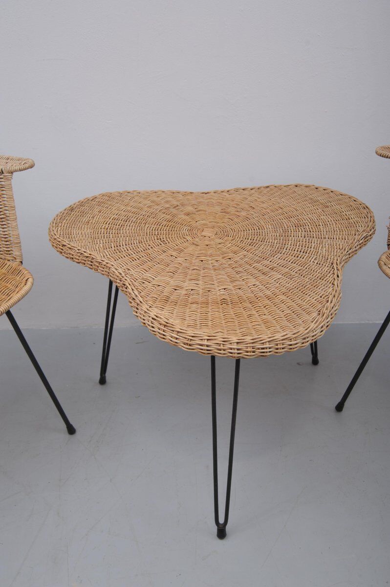 Vintage rattan chairs with table, 1950s, set of 3