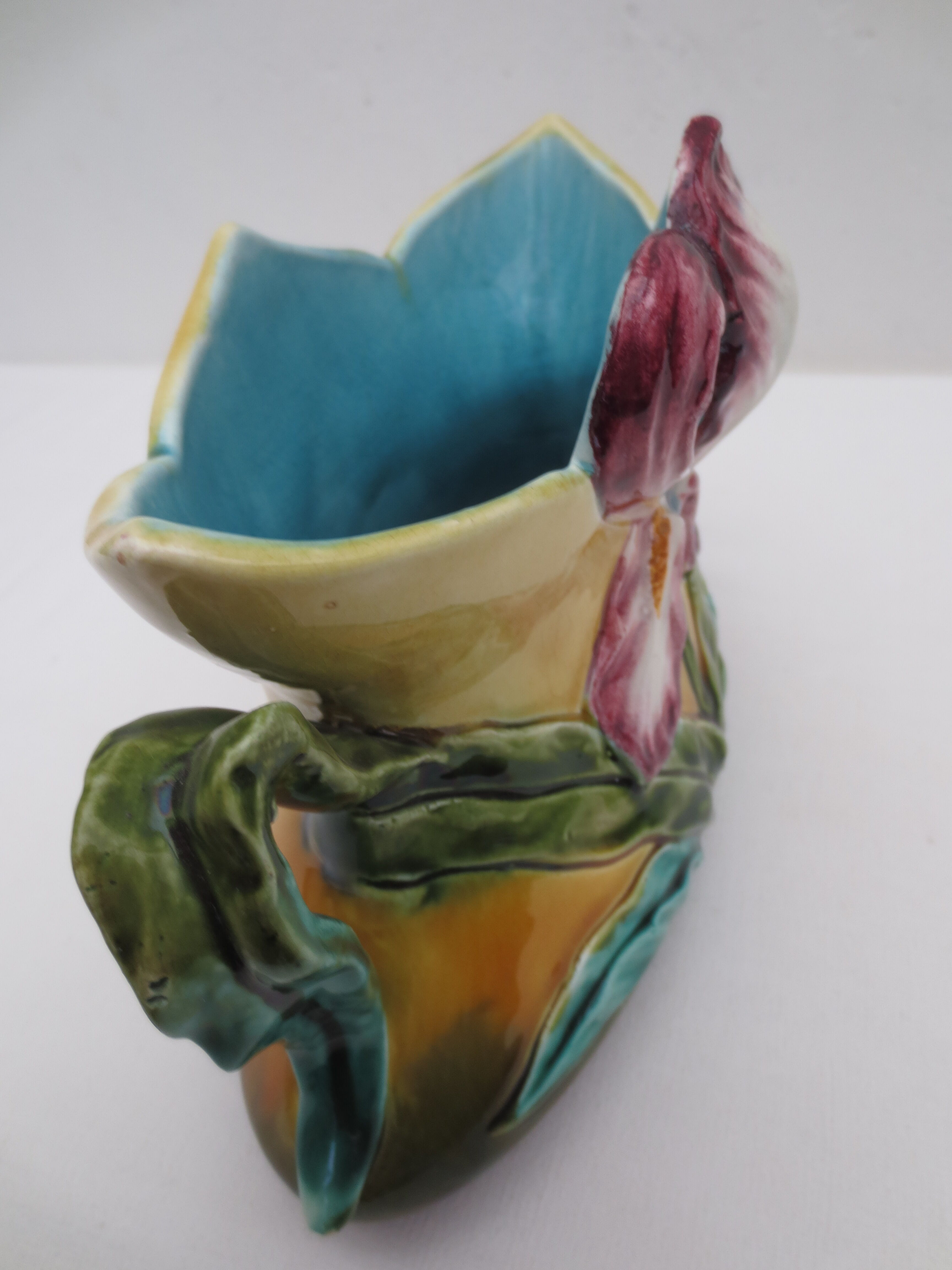 Former art nouveau planter in colorful dabbling iris décor