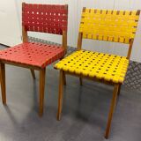 Paire chaises rouge et jaune style Risom vers 1950