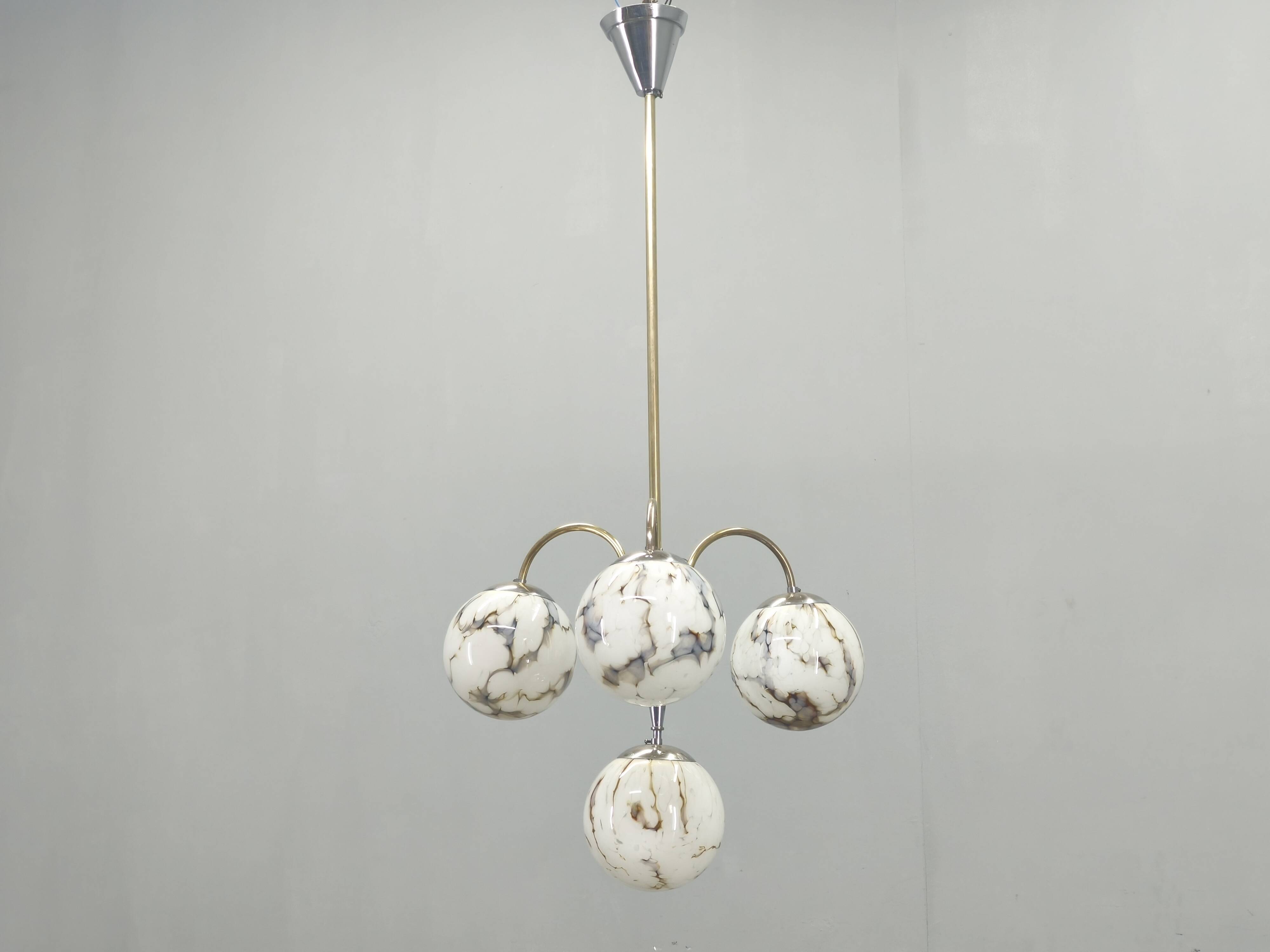 Art Deco Chandelier, Marble Glass, Brass & Chrome, 1930s