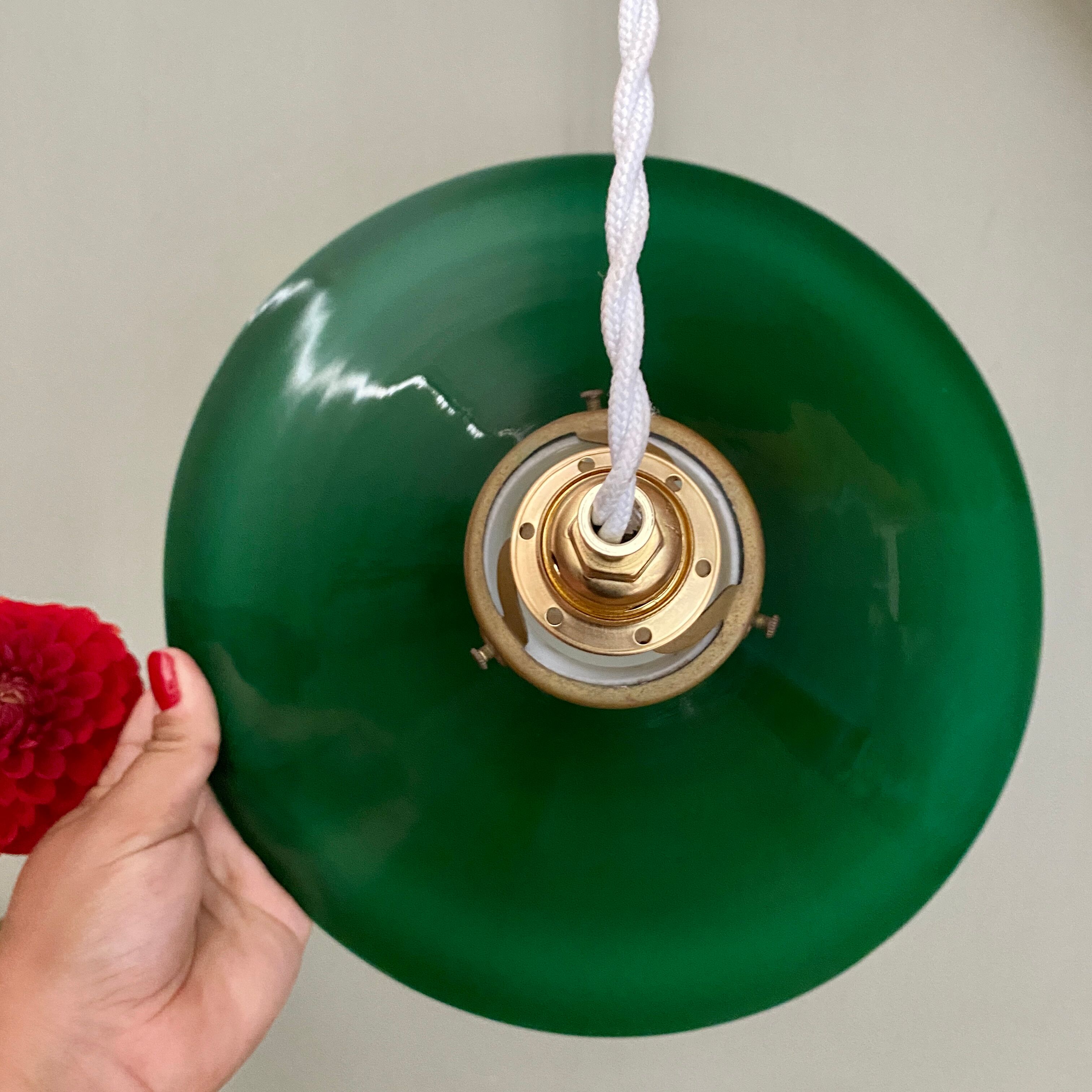 Vintage pendant lamp in green and white opaline