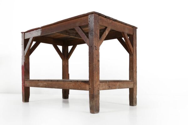 Table console industrielle française en bois massif, années 1920