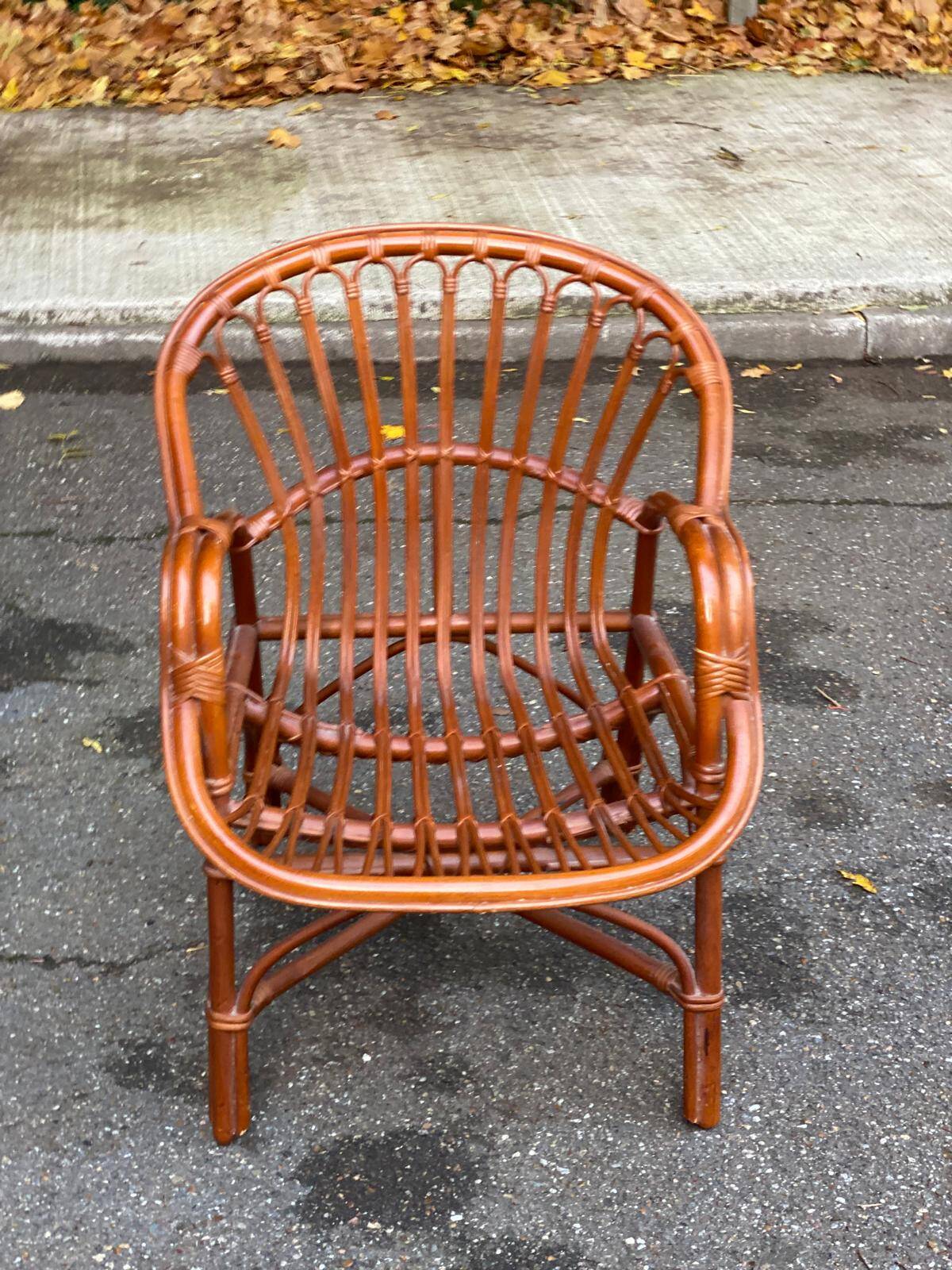 Adult rattan and wicker armchair, 1975, with beige cushion