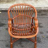 Adult rattan and wicker armchair, 1975, with beige cushion