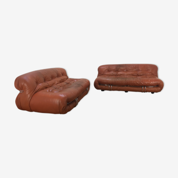 Paire de canapés Soriana par Tobia Scarpa, 2 places, en cuir cognac, pour Cassina